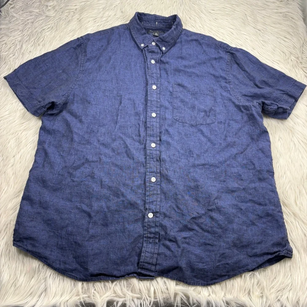 Banana Republic Men's XL Blue 100% Linen SS Button Down Shirt Resort Travel